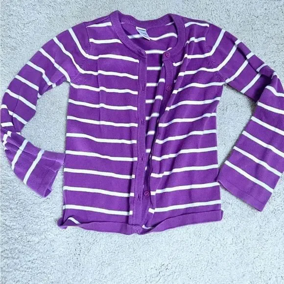 Old Navy Stripe Knit Cardigan Little Girl 5T Purple White EUC