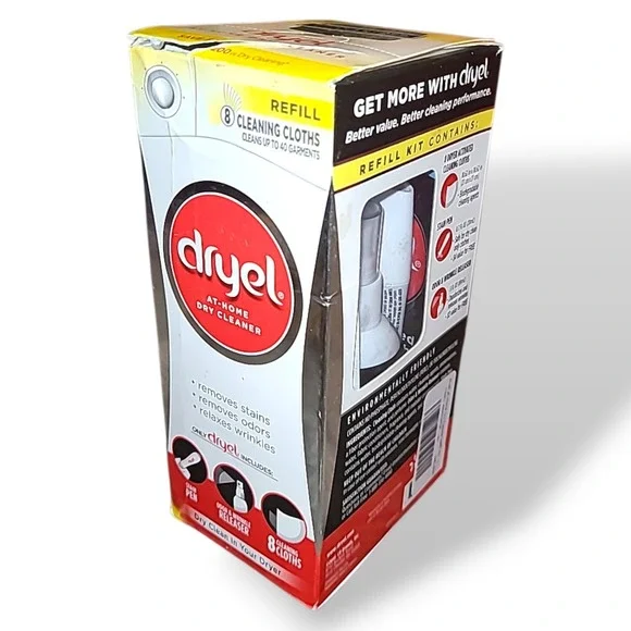 Dryel At Home Dry Cleaner Refill Kit NOS 8 Cloths Stain‎ Pen Wrinkle Spray