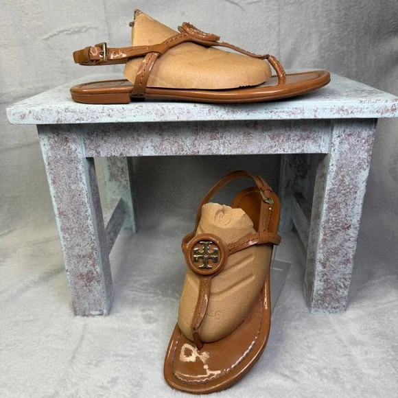 Tory Burch Miller Thong Sandals Womens 7 Tan Leather Slingback Flat 42752