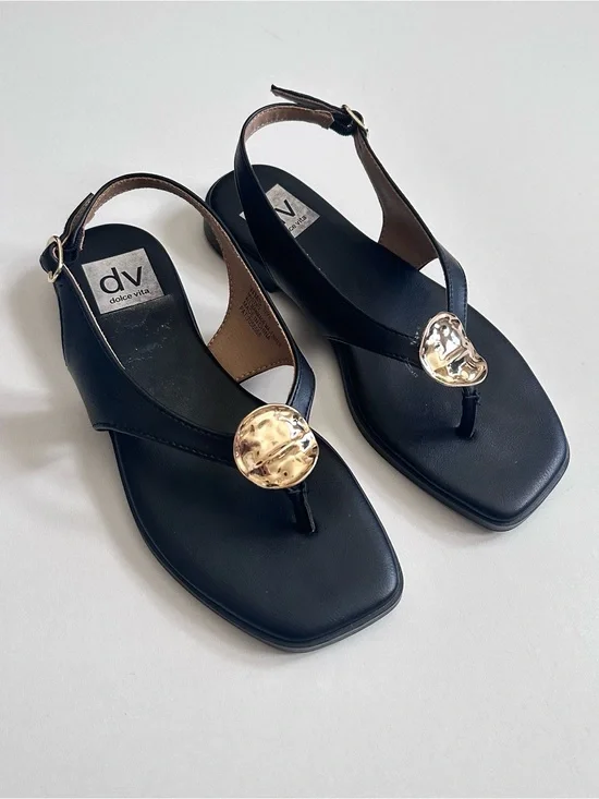 Dolce Vita Mistey Black Sandals Gold Medallion Size 5.5