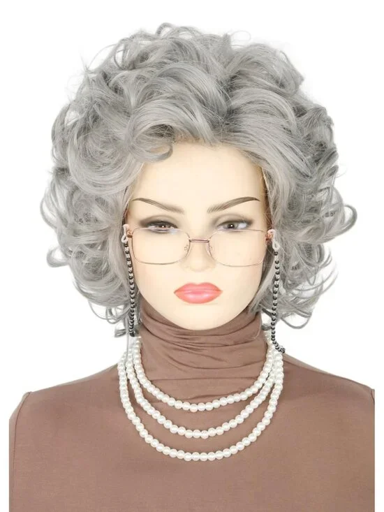 Women's Dark Grey Short Cosplay Halloween Costume Wig With Necklace Earrings