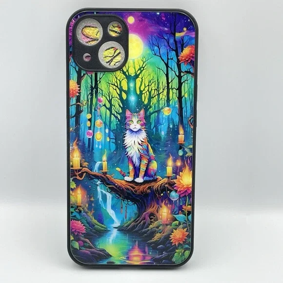 New iPhone‎ 13 Colorful Fantasy Cat Forest Candle Moon Phone Case