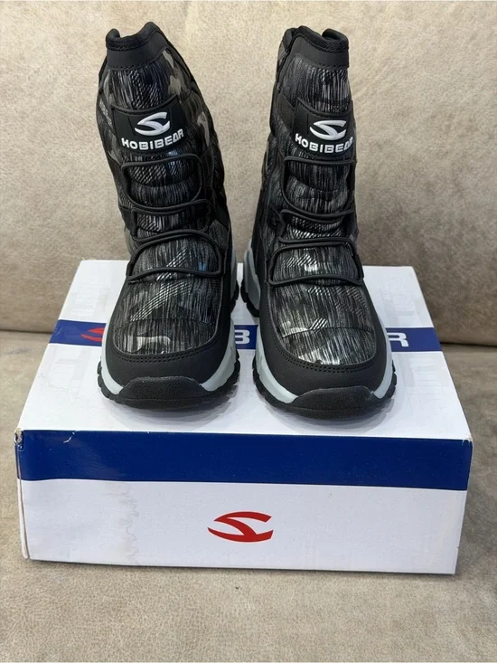 HOBIBEAR Kids Black Gray Camo Winter Snow Boots Size 32 New in Box