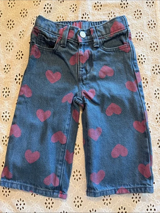 Old Navy wide leg Kids Heart-Print Denim pants - Blue with Pink Hearts