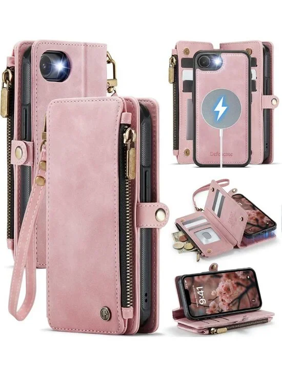 Stylish Rose Pink Wallet Case for iPhone 17e/16e, MagSafe Compatible, Slim
