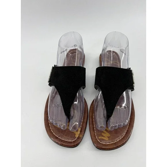 Sam Edelman, Black Leather Suede, T-Strap Thong Slides, Logo 