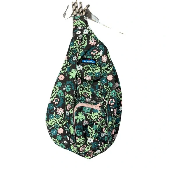 KAVU Rope Bag Women Green Floral Canvas Sling Crossbody Hike Backpack Gorpcore