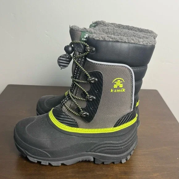 Kamik Luke Winter Boots Kids 3 Insulated -40F Snow Black Grey Yellow