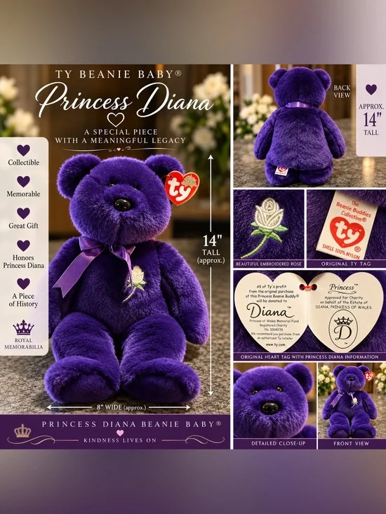 Ty Princess Diana Purple Beanie Baby Bear with Embroidered Rose