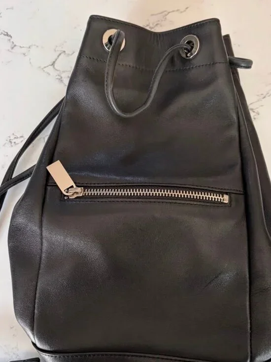 Calvin Klein Black Smooth Leather Drawstring Bucket Backpack Purse