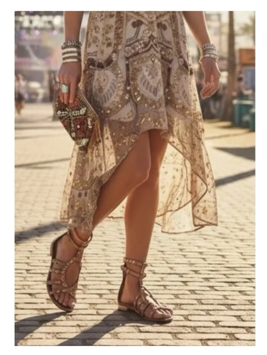 Grey Mer ♔ Luxe Embellished Metallic Gladiator Sandals ♔ Latte Leather ♔ 36 6M ♔