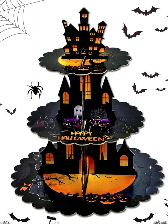 Halloween Cupcakes Haunted House 3-Tier Party Stand - Black & Orange