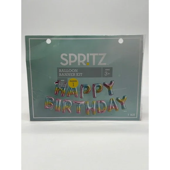 Spritz Happy Birthday Rainbow Metallic Mylar Balloon Banner Kit 14in Letters