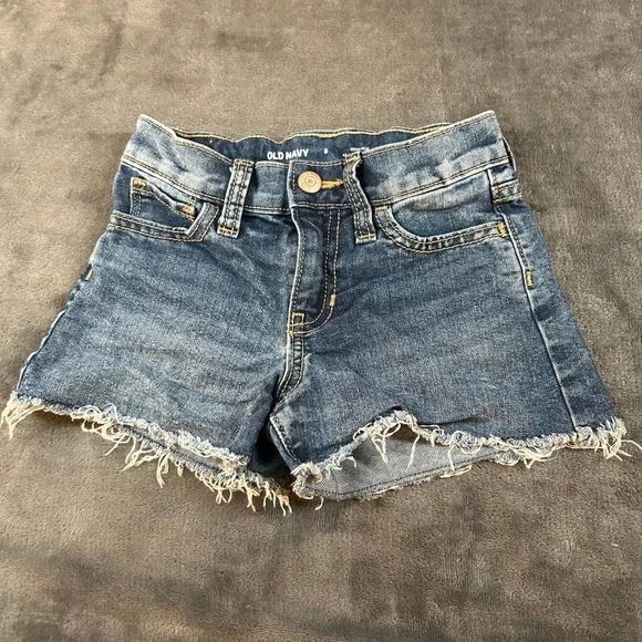 Old Navy Denim Shorts‎ Girls Size 5 High-Rise Adjustable Waist Frayed Hem Blue