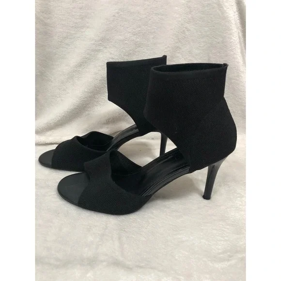 Newbella Stiletto Sandals Women 8 Black Knit Stretch Ankle Wrap Open Toe