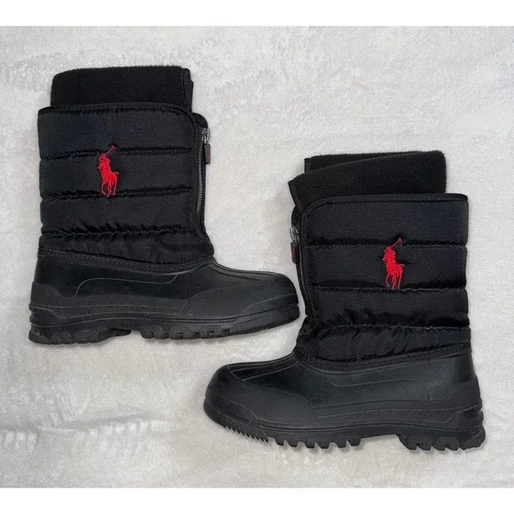 Polo Ralph Lauren Vancouver Zip Kids Snow Boots Black Red Pony Size 2 95670