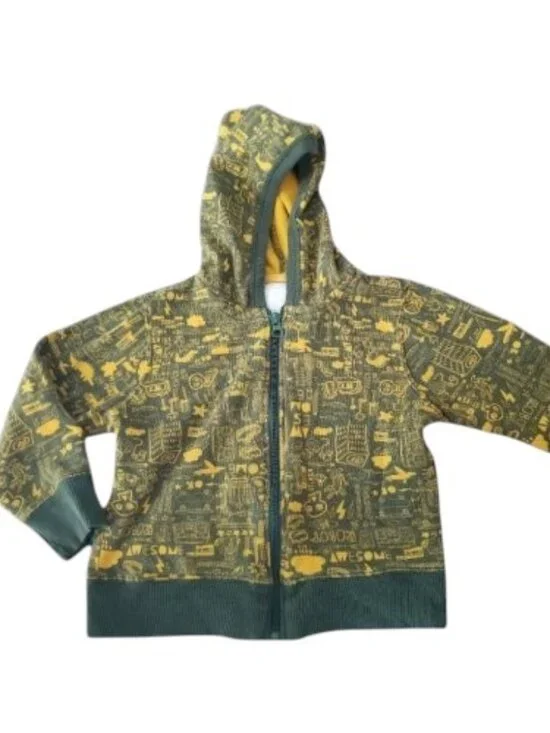 OLD NAVY Green and Yellow Little Boy Print Zip Front Hooded Sweatshirt Boys 3T