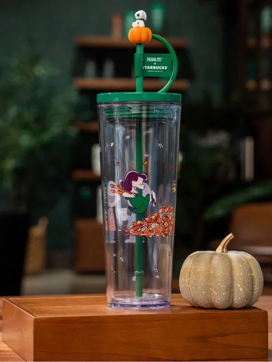 Starbucks Green Peanuts Fall Leaf Tumbler with Pumpkin Topper