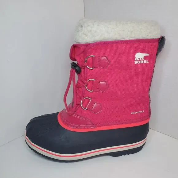 Sorel Girls Sz 5 Yoot Pac Snow Boots Pink Black Waterproof Winter Faux Fur EUC