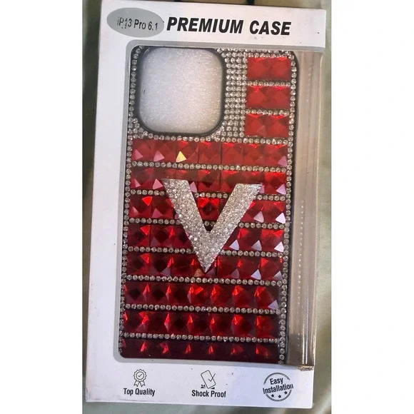 Red Rhinestone Bling Case for iPhone 13 Pro 6.1 Silver V Logo Crystal Cover NEW