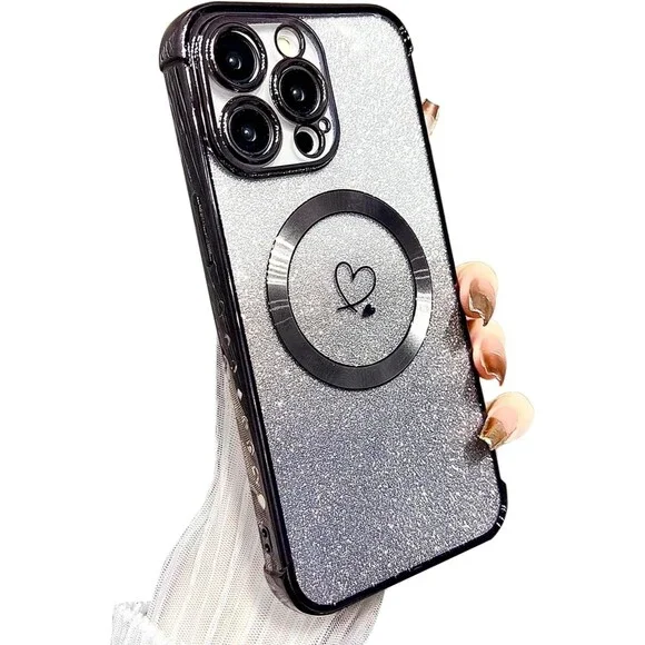 iPhone 15 Pro Max Case Magnetic Soft Cute Luxury Love Heart Black MagSafe Clear