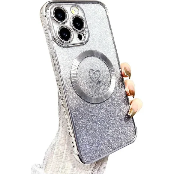 iPhone 15 Pro Max Case Magnetic Soft Cute Luxury Love Heart Silver MagSafe Clear