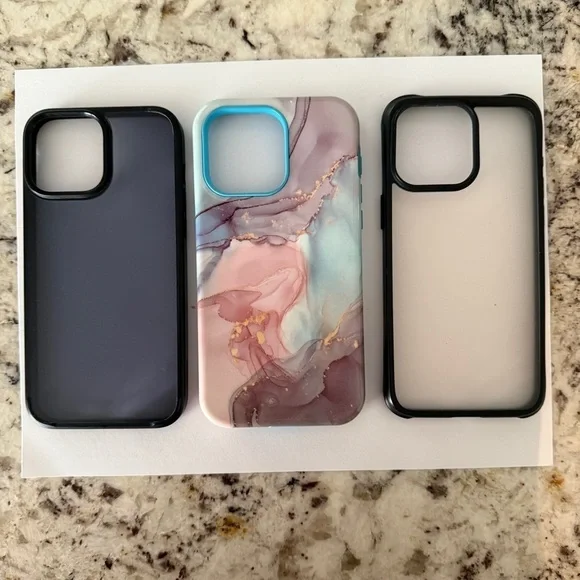 Set of 3 iPhone 15 Pro Max Cases Marble Design, Clear, and Black Transparent