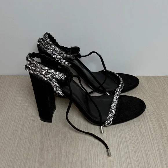 Heeled Sandals Fashion Nova Womens 6.5 Black Rhinestone Braided Lace Up Heel