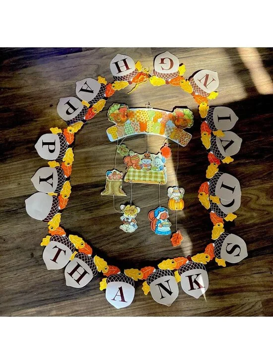 VTG Happy Thanksgiving Letter Garland w Leaf Acorn Cutouts Hanging 2 pc 1980’s