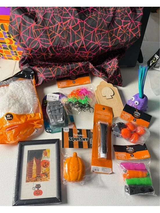 Halloween Party Decor Bundle with 10 Fun Items and Spider Web Bag - Multi Color