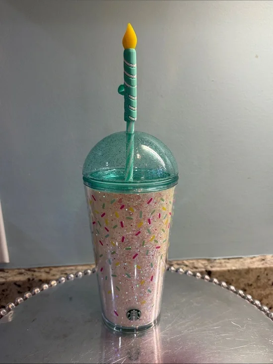 Starbucks Sparkle Confetti Tumbler with Teal Lid and Yellow Candle Straw
