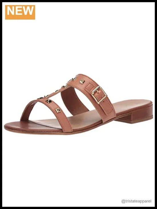 Italy Leather Slide Sandals Studded Block Heel Women's