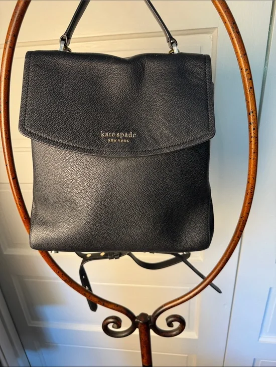Kate Spade Leila Medium Flap Backpack Black Pebbled Leather WKR00327