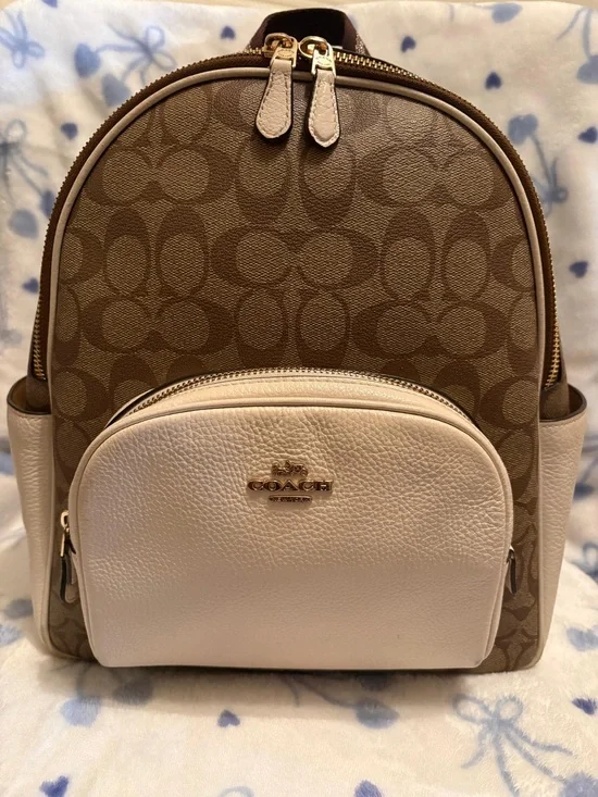 Coach Brown Signature Canvas Backpack with Chalk Front Pocket