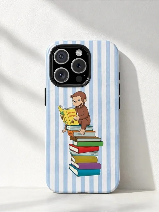Curious George Reading Books Blue Striped Bookish Aesthetic Tough Phone Case