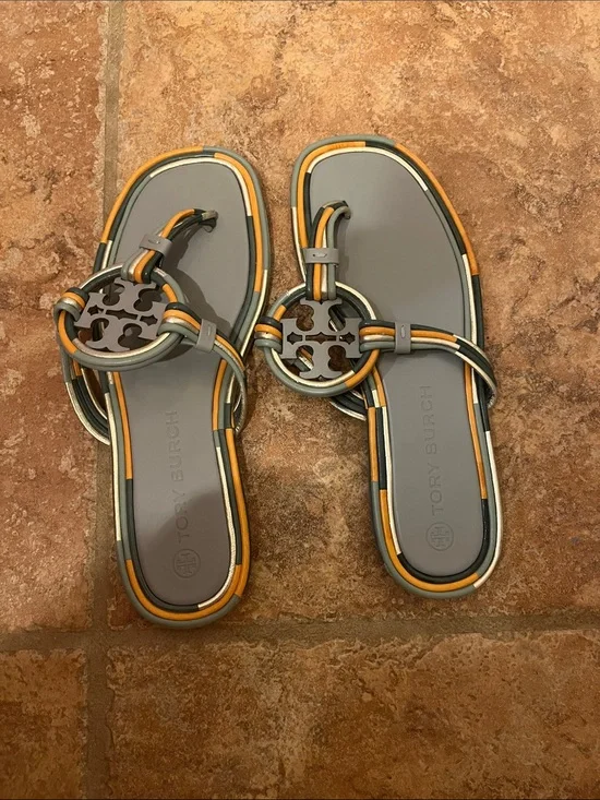Tory Burch Gray, Orange and Cream Miller Logo Slide Sandals