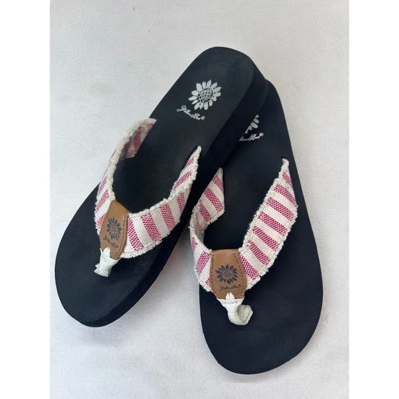 Yellow Box Flip Flops Women 7.5 Black Red Striped‎ Frayed Wedge Sandals