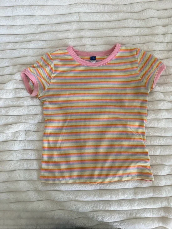 Old Navy Pastel Stripe Ribbed Tee with Pink Trim