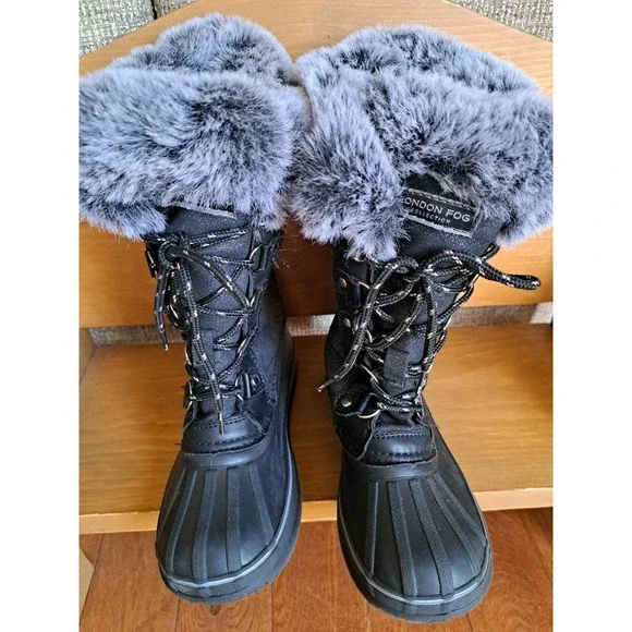 London Fog Kids Winter Black Waterproof Boots Lace-up Quilted Faux Fur Cuff 1.0