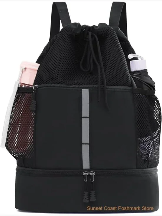 Waterproof Gym Drawstring Backpack with Shoes Compartment Wet Pockets