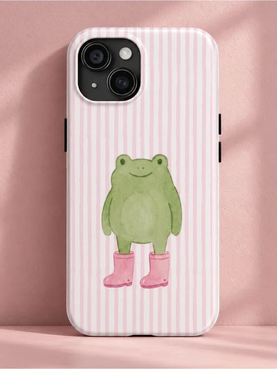 Cute Frog Pink Boots Pink Striped Cottagecore Aesthetic Tough Phone Case
