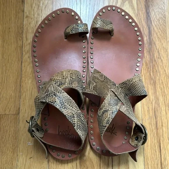 Beek 10 gladiator sandals brown leather embossed with snakeskin brass hardware