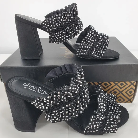 Charles by Charles‎ David Royals Black Rhinestone Ruffle Block Heel Sandals 8M