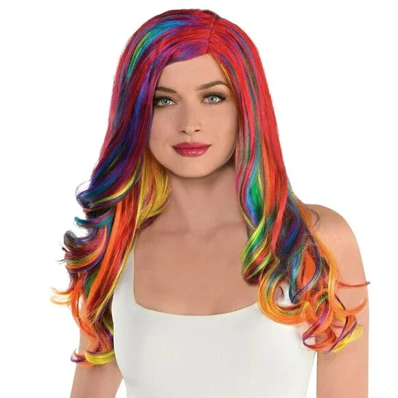 Amscan Rainbow Glam Wig Long Wavy Costume Halloween Pride One Size