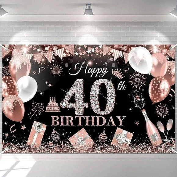 Happy 40th Birthday Banner Rose Gold Glitter Balloons Party Backdrop‎