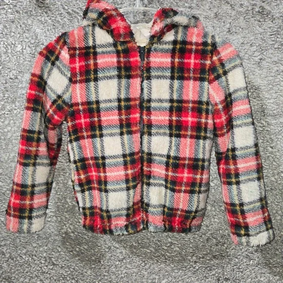 Old Navy Kids Red White Tartan Plaid Hooded Elmo Fleece‎ Jacket Sz M 8 807714-00