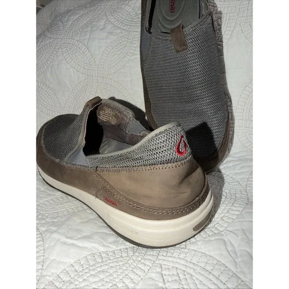 Olukai Makia Men's 12 Slip On‎ Loafer Gray Mesh Brown Leather Boat Shoes