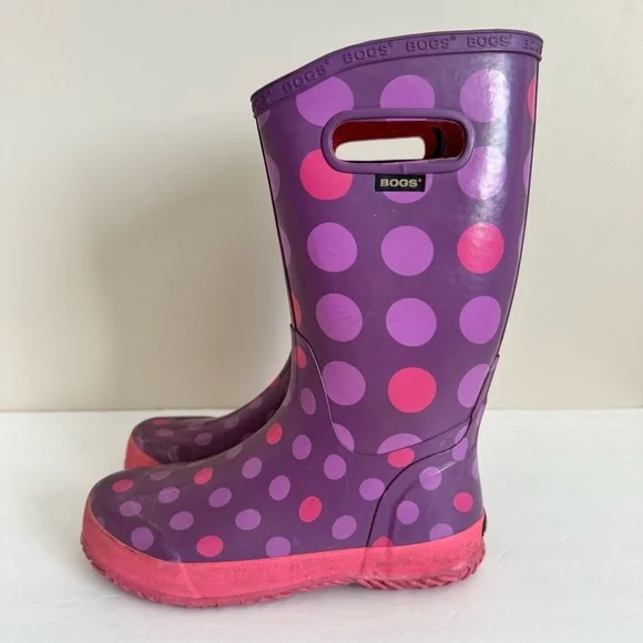 Bogs Rubber Pull On Waterproof Rain Boots Polka Dot Purple Big Kids Youth Size 5