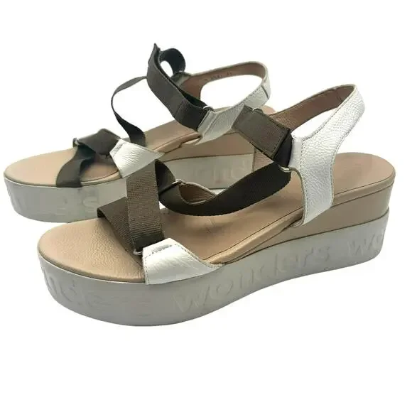 WONDERS Sandals Women's 10 Platform Wedge Brown White Leather Memory Gel B-7521‎