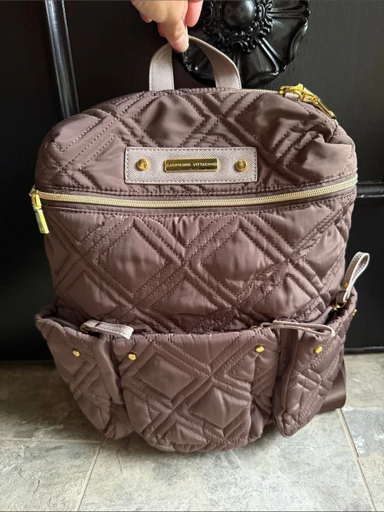 Adrienne Vittadini Quilted Brown Nylon Backpack with Gold Hardware